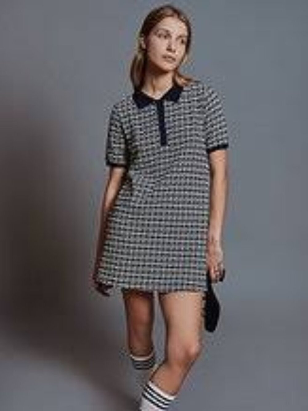 Zara Navy and White Striped Knit Polo Dress